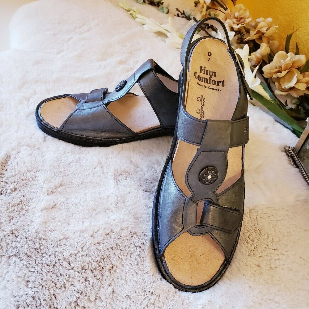FINN COMFORT Adana Pewter Corten Leather T Strap Sling Silver Sandal Women US9.5